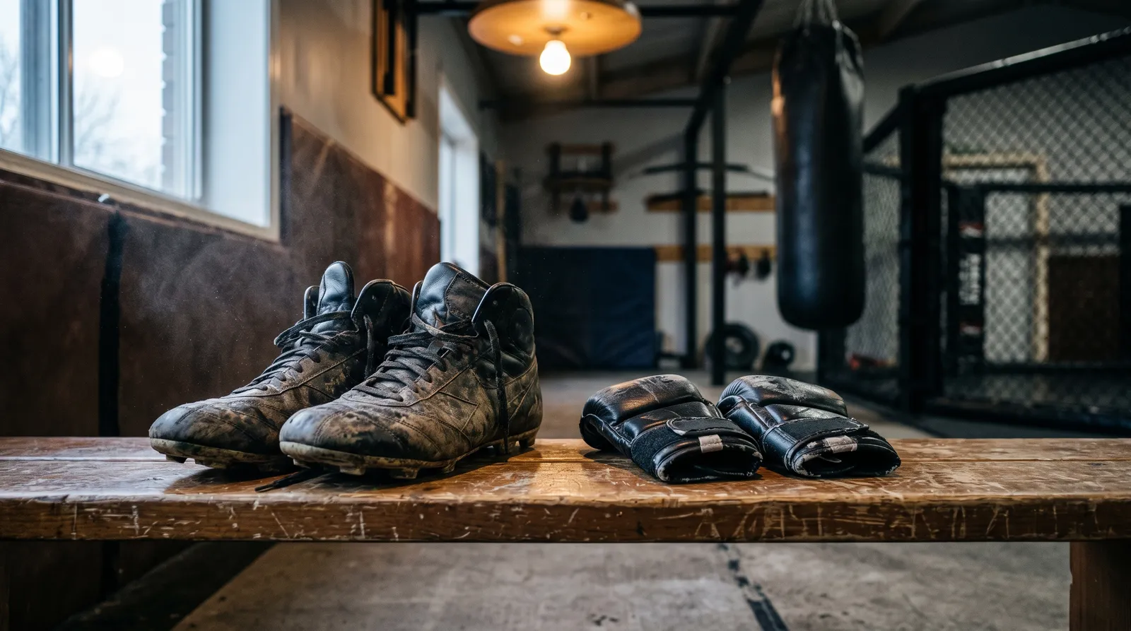 Rugby boots and MMA gloves on a gym bench at dawn