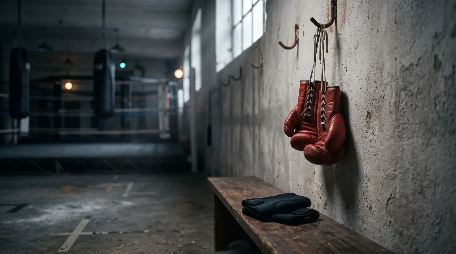 Boxing gloves hanging on a gym wall above a knee brace on a bench