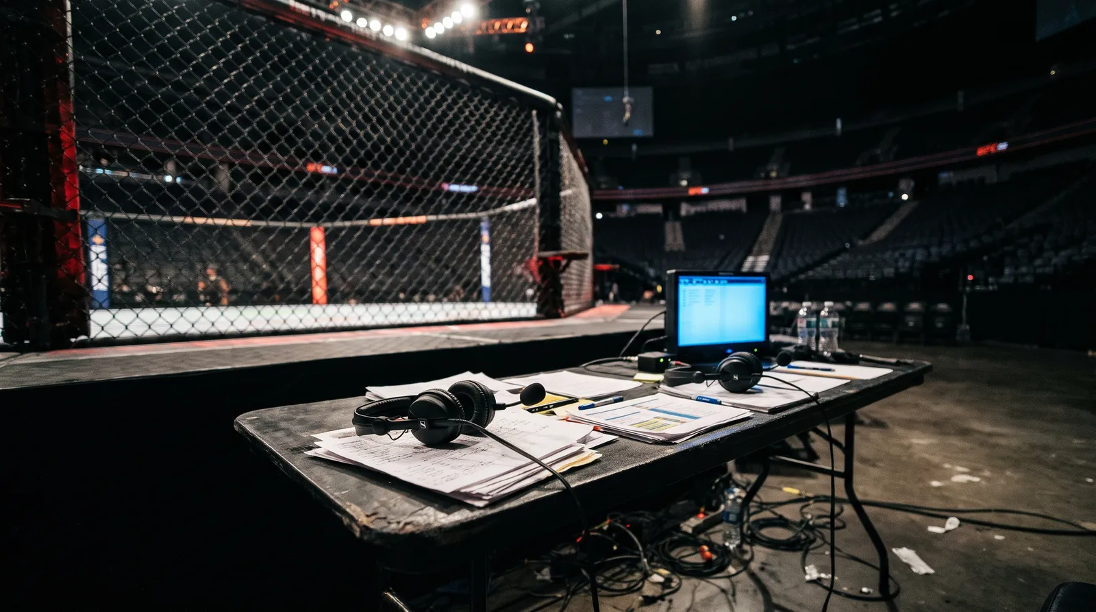 Headsets and fight notes left on an empty cageside commentary desk