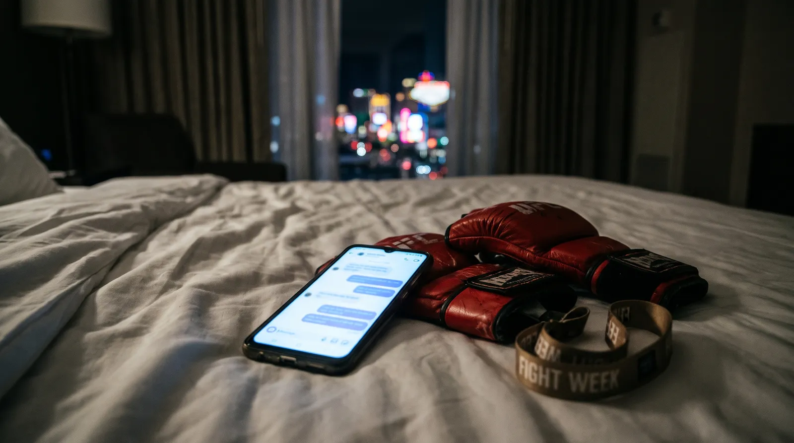 A glowing phone showing a blurred message thread beside red MMA gloves on a hotel bed at night