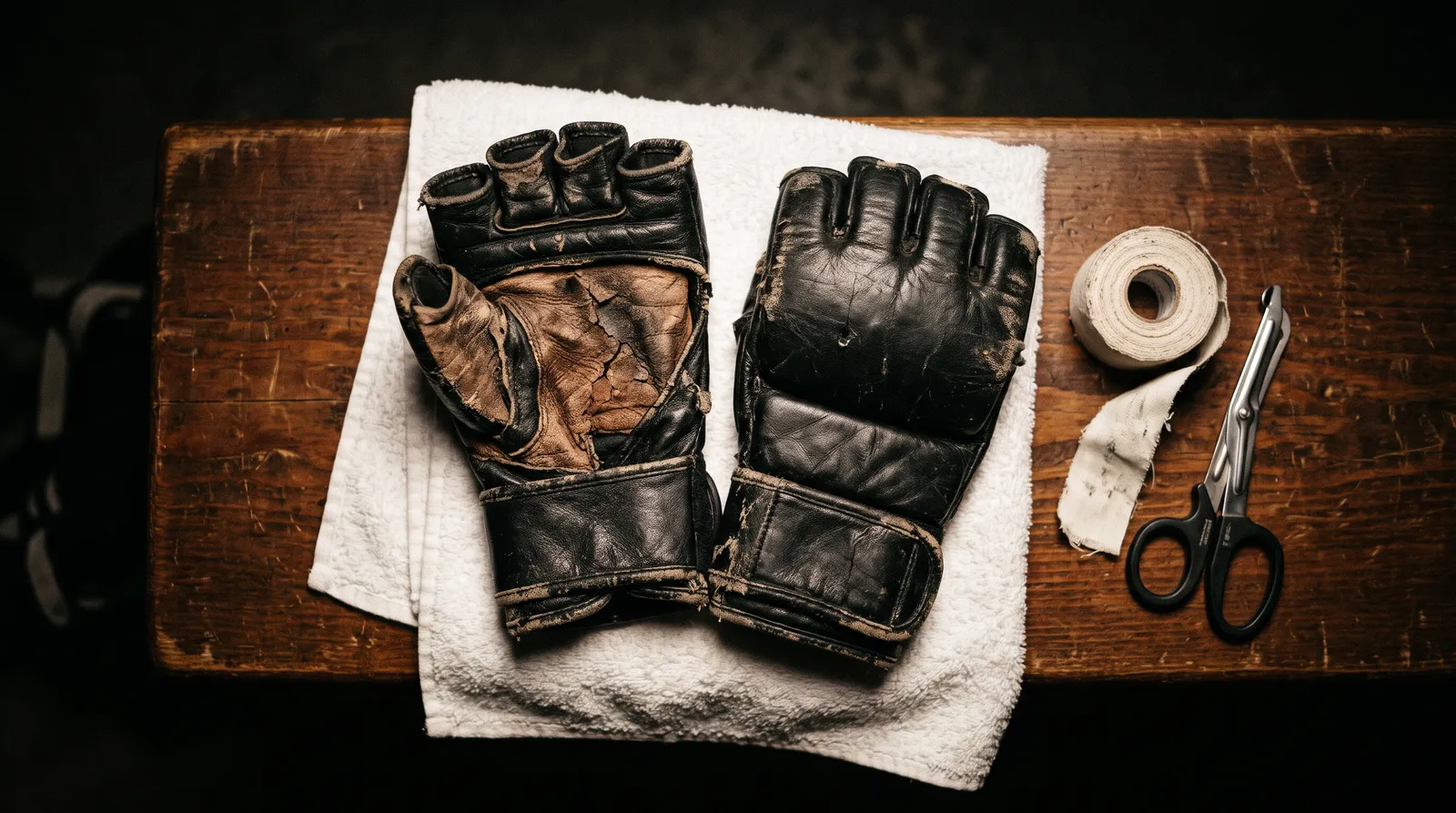Worn MMA gloves resting on a towel on a locker room bench beside a roll of tape