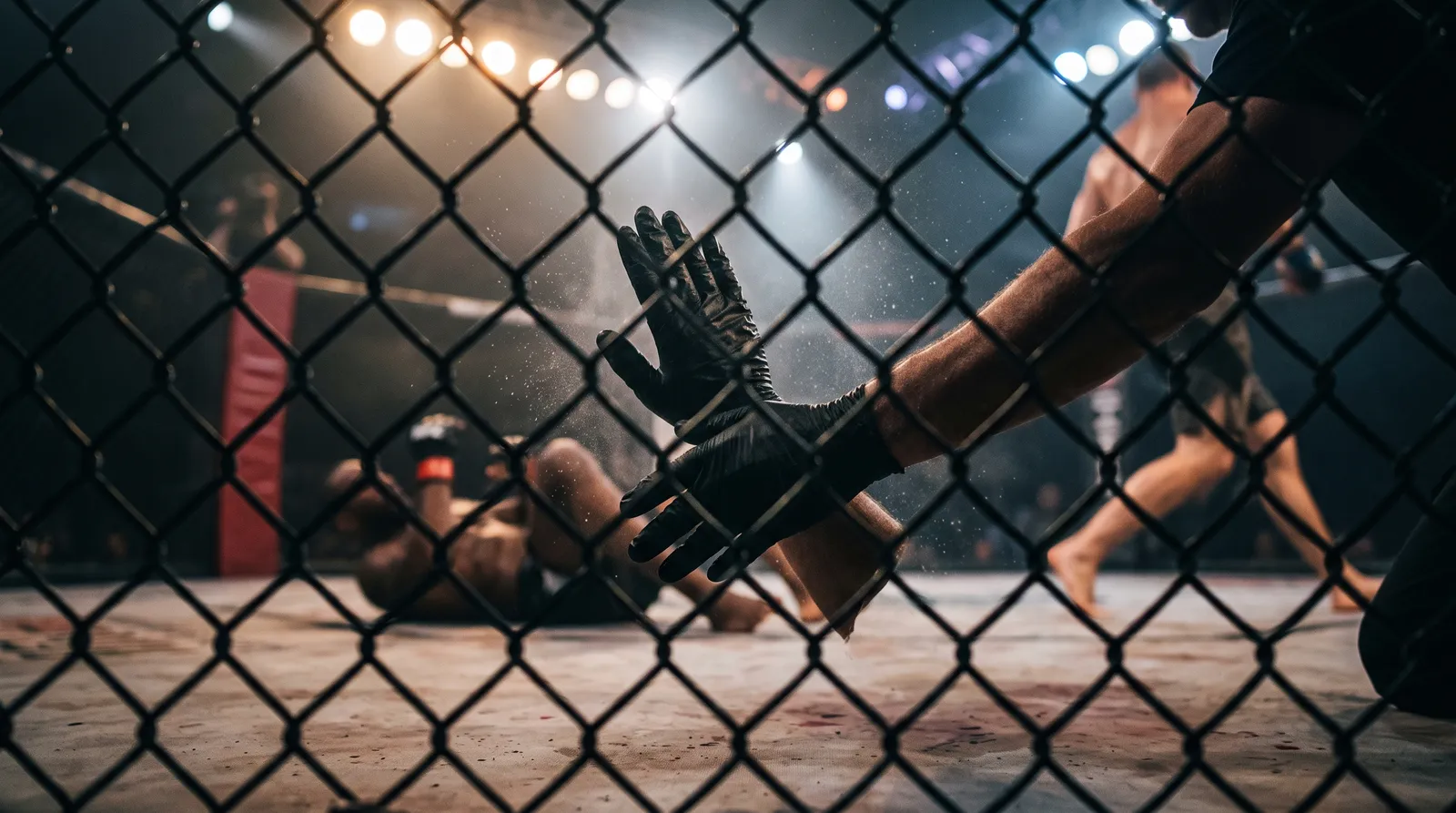 Close-up of a referee's black-gloved hands waving off an MMA fight on the canvas under bright arena spotlights.