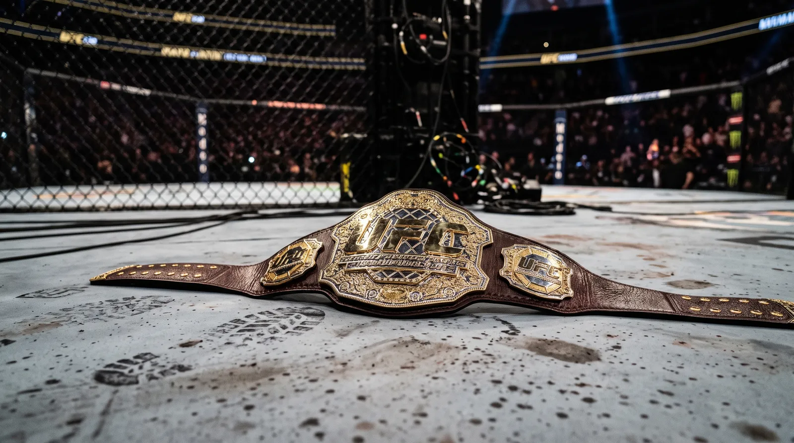 A gold championship belt sits centered on a scuffed canvas fight mat under focused arena spotlights with a blurred cage in the background.