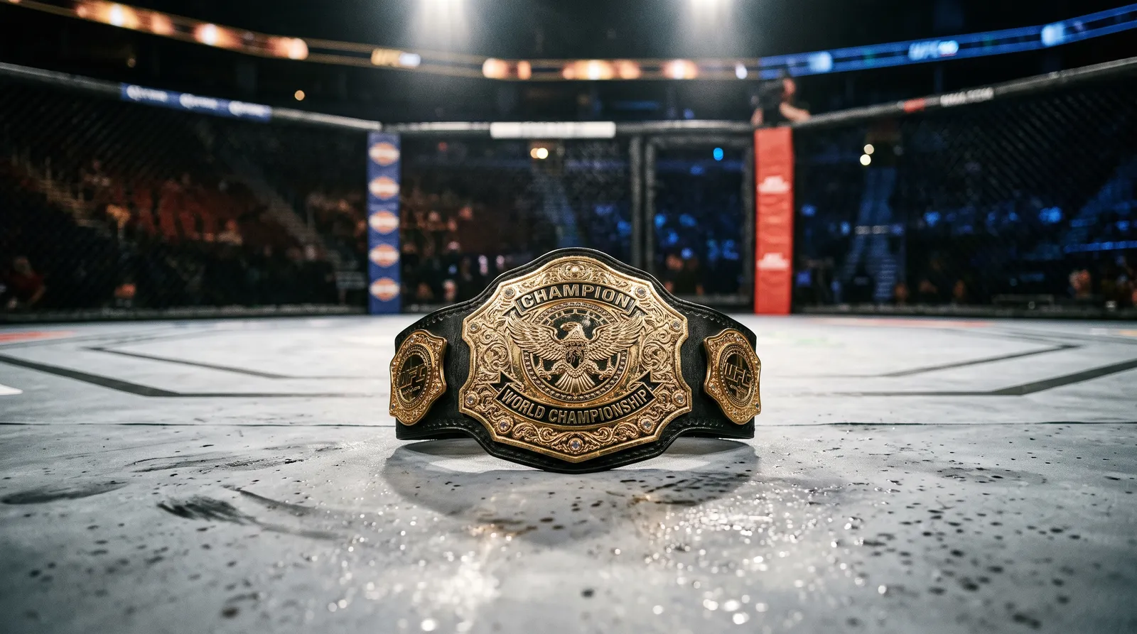 A gold-and-black championship title belt rests flat on the scuffed canvas inside a brightly lit fighting cage.