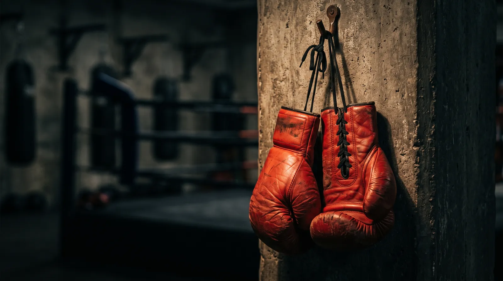 Red boxing gloves hanging on a hook in a dim, empty gym