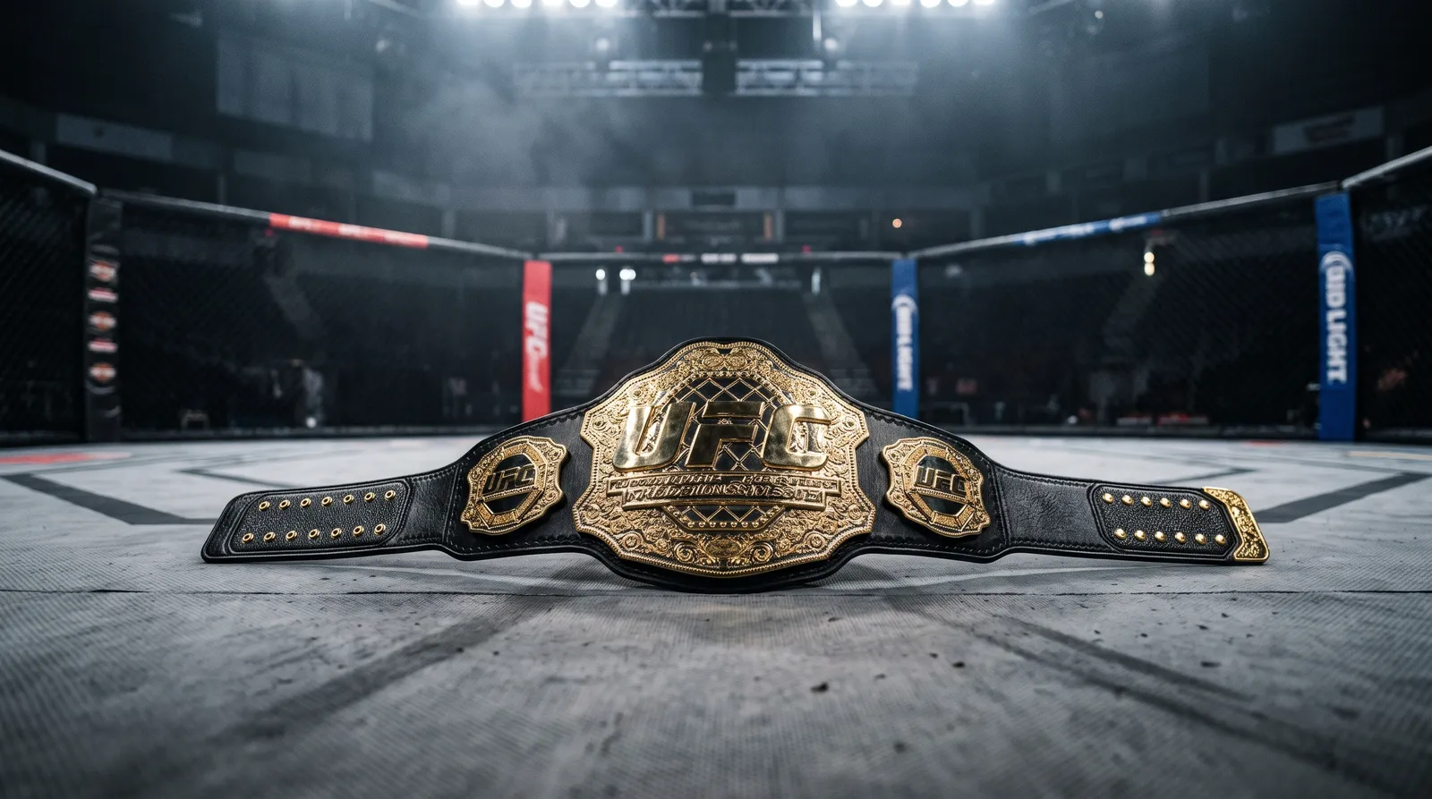 A close-up photograph taken from mat level showing a gold and black championship belt resting on an empty canvas inside an arena fight cage under stark overhead lighting.