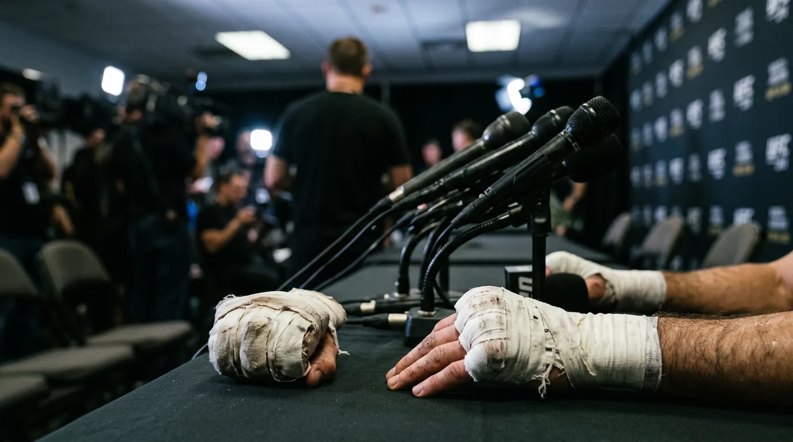 Close-up of a fighter's taped, bruised hands resting on a press conference table surrounded by microphones.