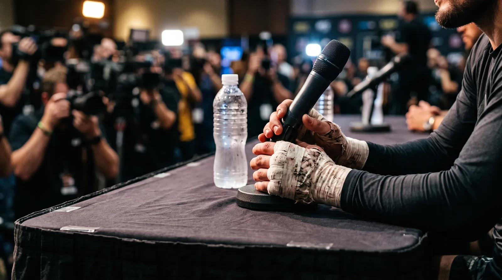Close-up of a fighter's tape-wrapped hands gripping a microphone on a press conference table under harsh media lights.