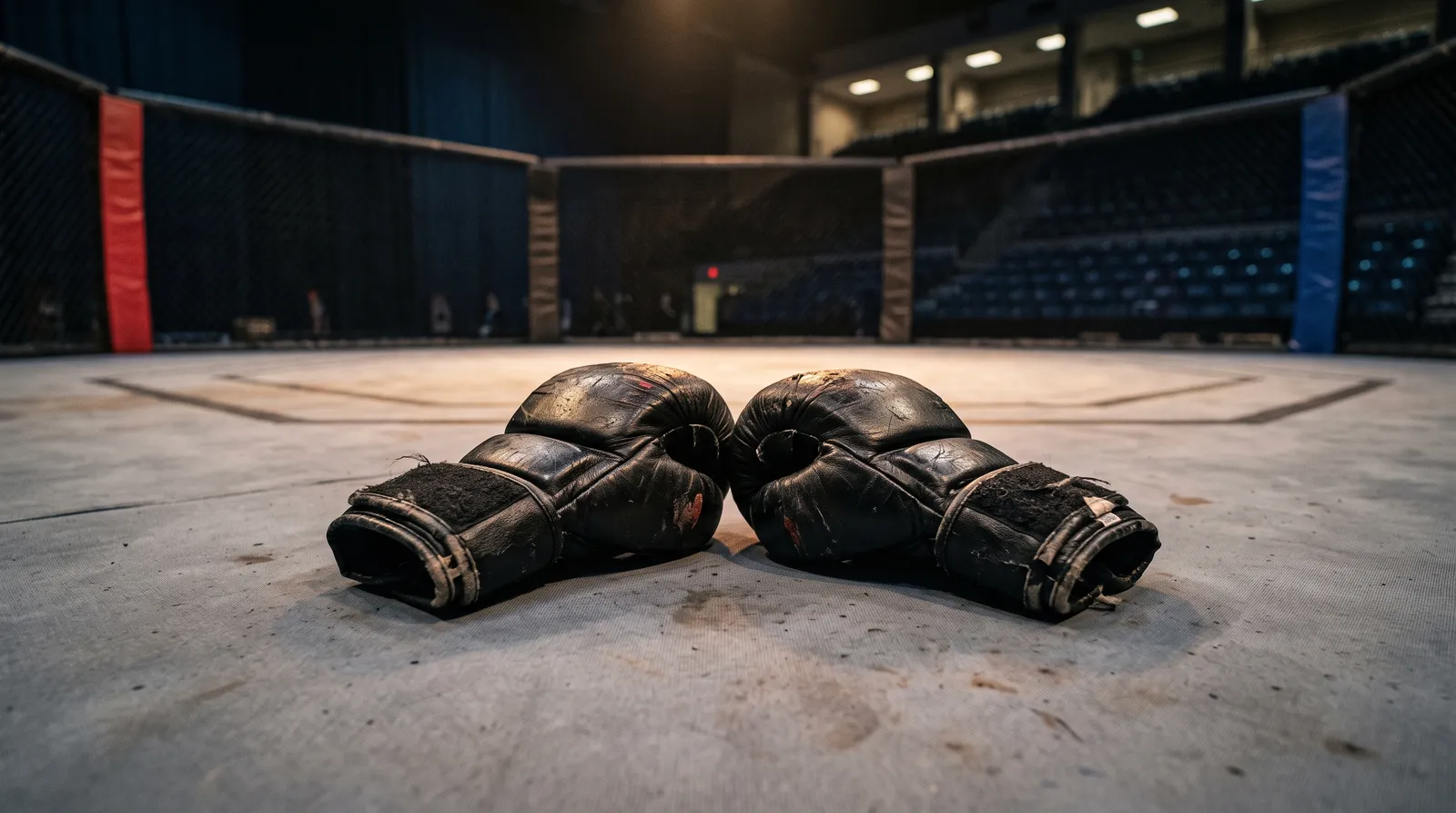 A pair of MMA gloves resting on an empty octagon canvas under a fading spotlight