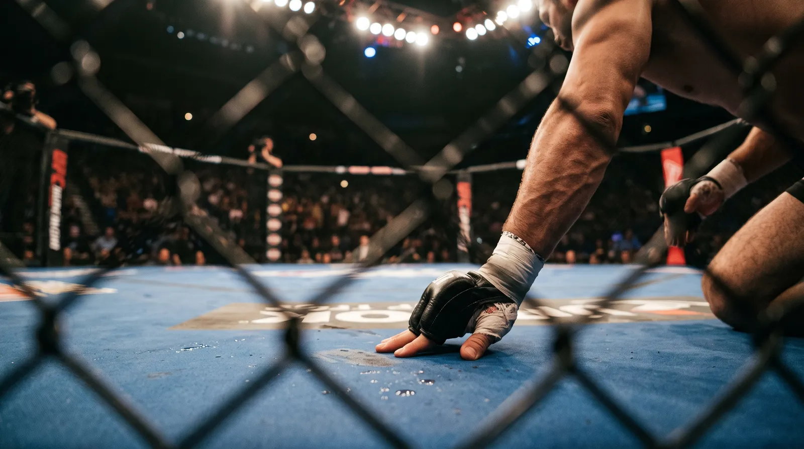 A fighter's gloved hand pressing against the octagon canvas as he gets back up