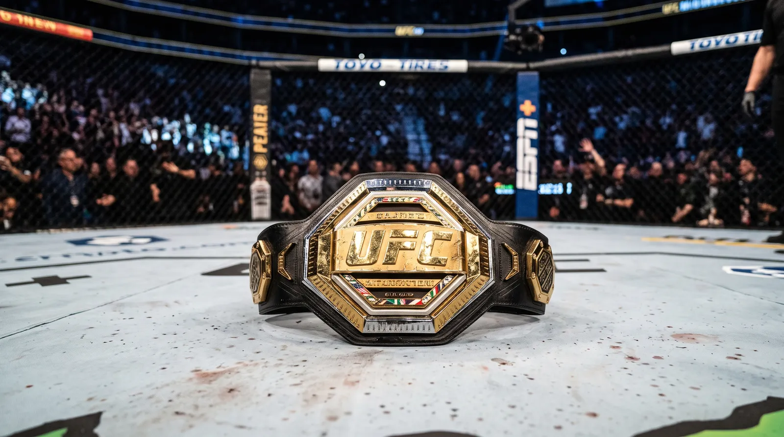 A championship belt resting on the Octagon canvas under bright arena lights