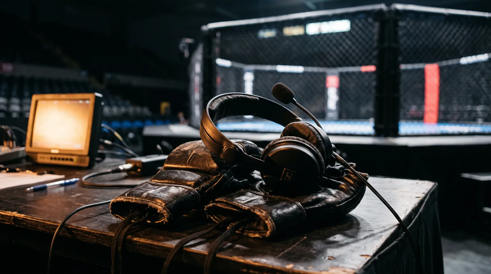 A broadcast headset resting on worn MMA gloves at a cageside table with an empty cage lit behind it