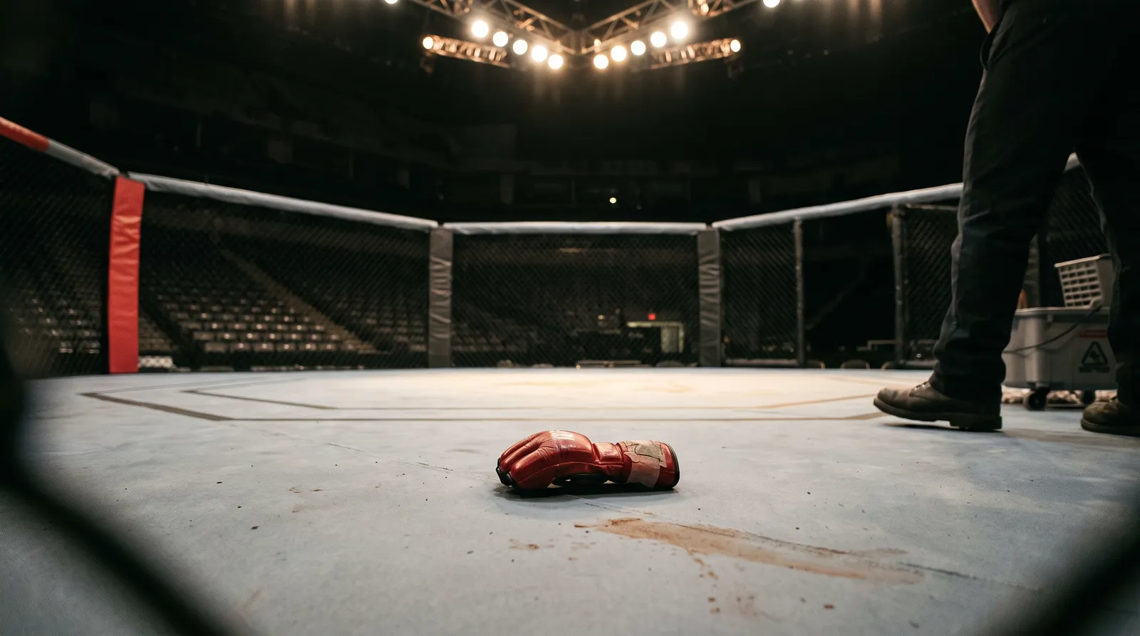 A discarded fight glove on a bloodied octagon canvas under work lights after the event