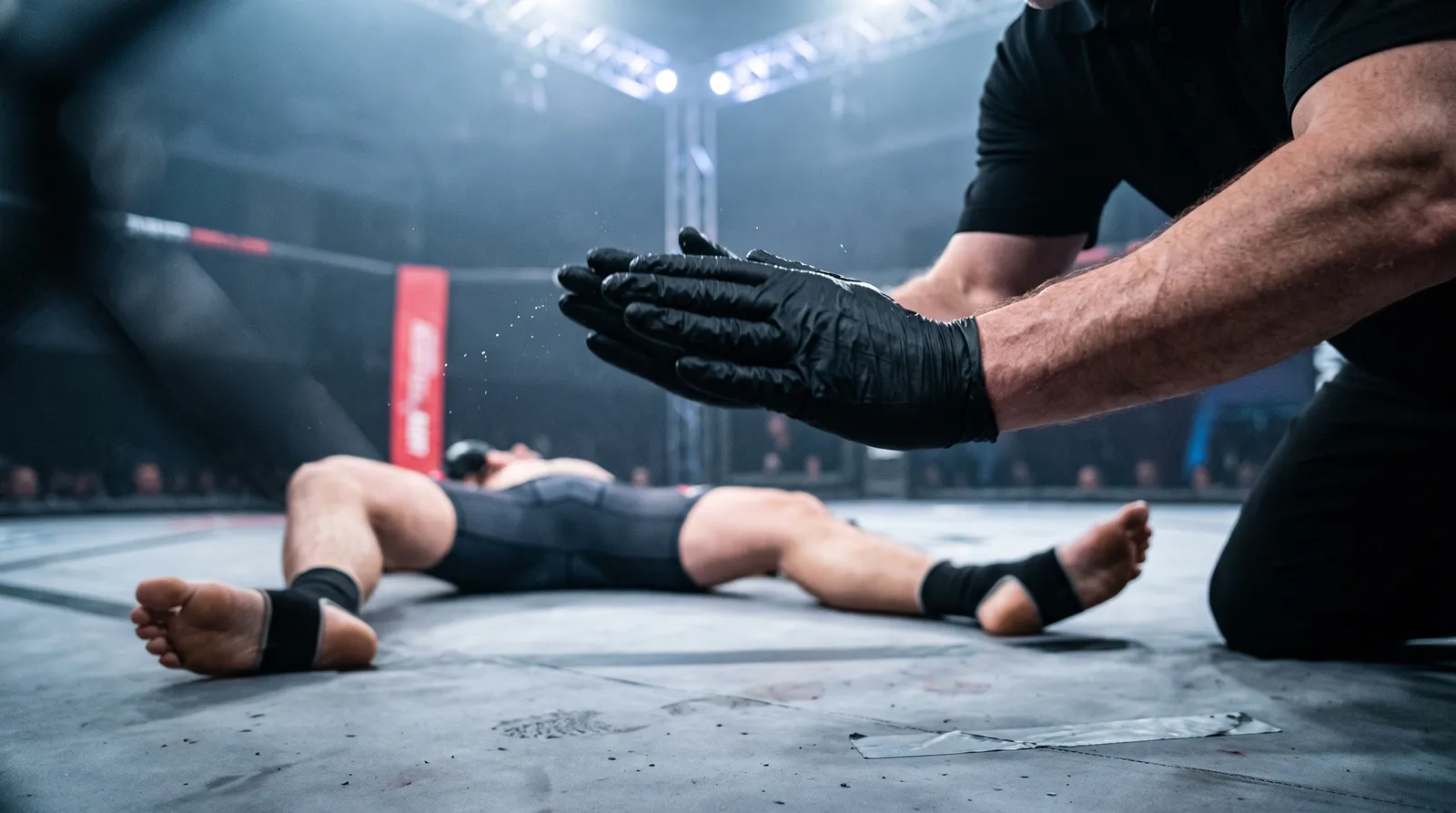 Close-up of a referee's gloved hands waving off a fight above a downed competitor on an MMA canvas under harsh arena lights.