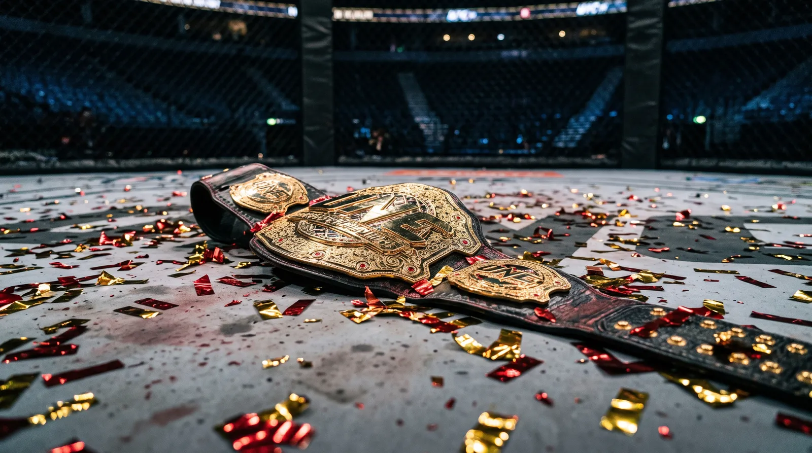 A shiny gold championship belt rests on a scuffed canvas mat surrounded by scattered metallic confetti under harsh arena lights.