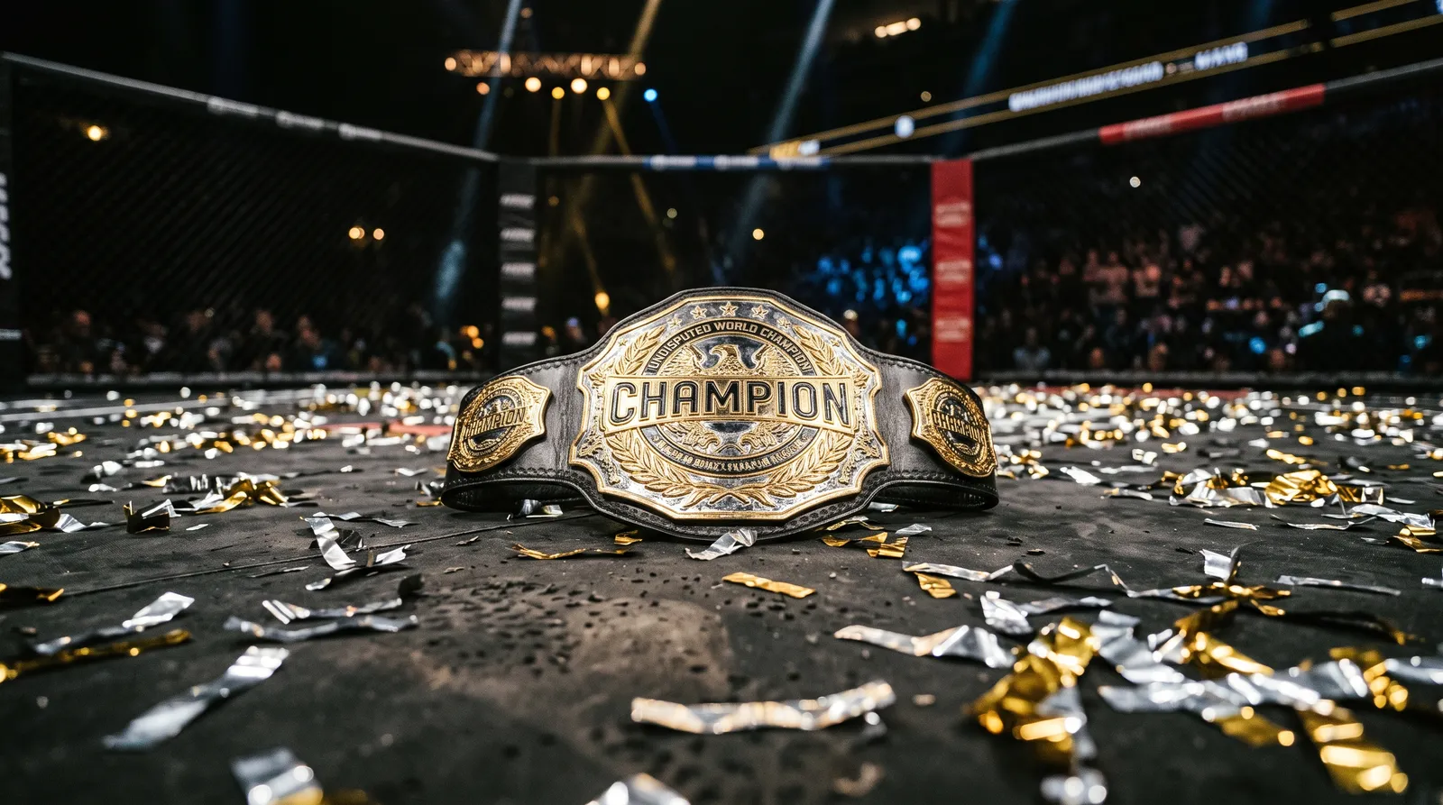 Close-up of a gold championship fight belt resting on a dark arena canvas surrounded by fallen celebration confetti under spotlights.