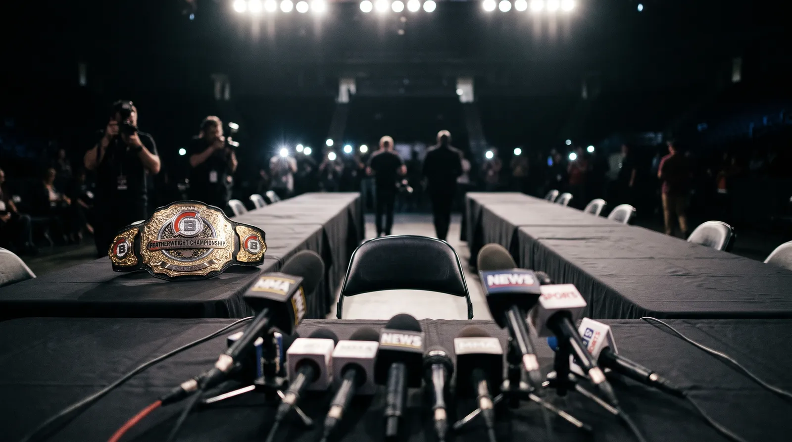 Microphones and a championship belt on an empty press conference table under stage lights