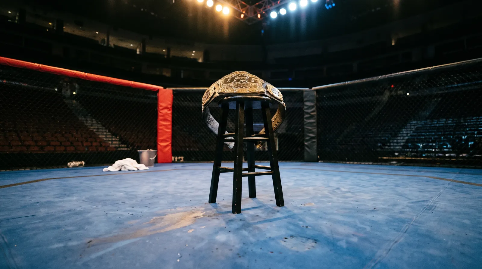 A featherweight championship belt draped over a corner stool in an empty octagon after the fight