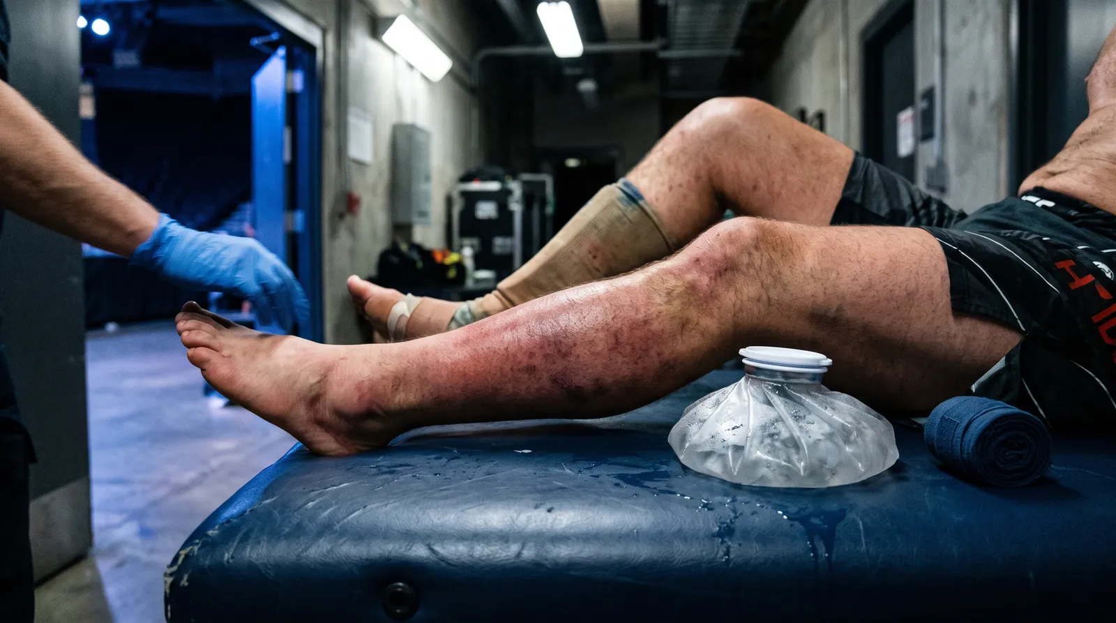 A fighter's reddened, bruised leg resting on a training table with an ice bag after a bout